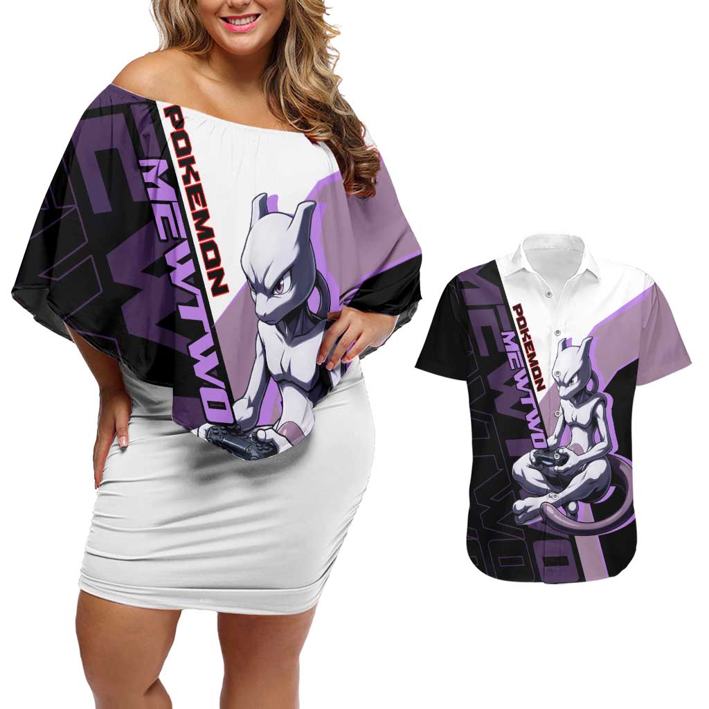 Mewtwo Poké Couples Matching Off Shoulder Short Dress and Hawaiian Shirt Shadowcore Anime Style
