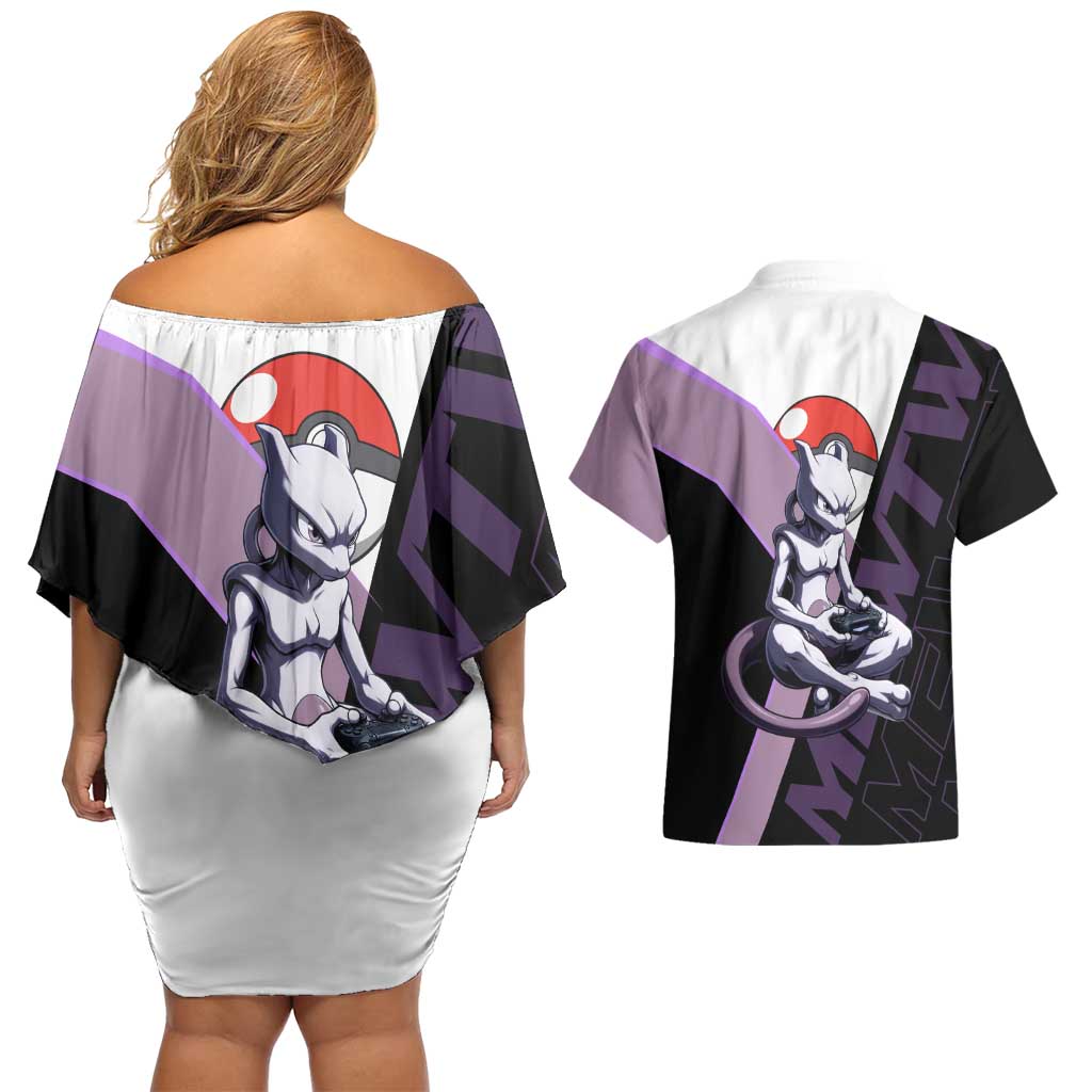 Mewtwo Poké Couples Matching Off Shoulder Short Dress and Hawaiian Shirt Shadowcore Anime Style