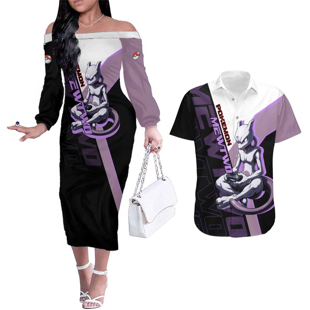 Mewtwo Poké Couples Matching Off The Shoulder Long Sleeve Dress and Hawaiian Shirt Shadowcore Anime Style
