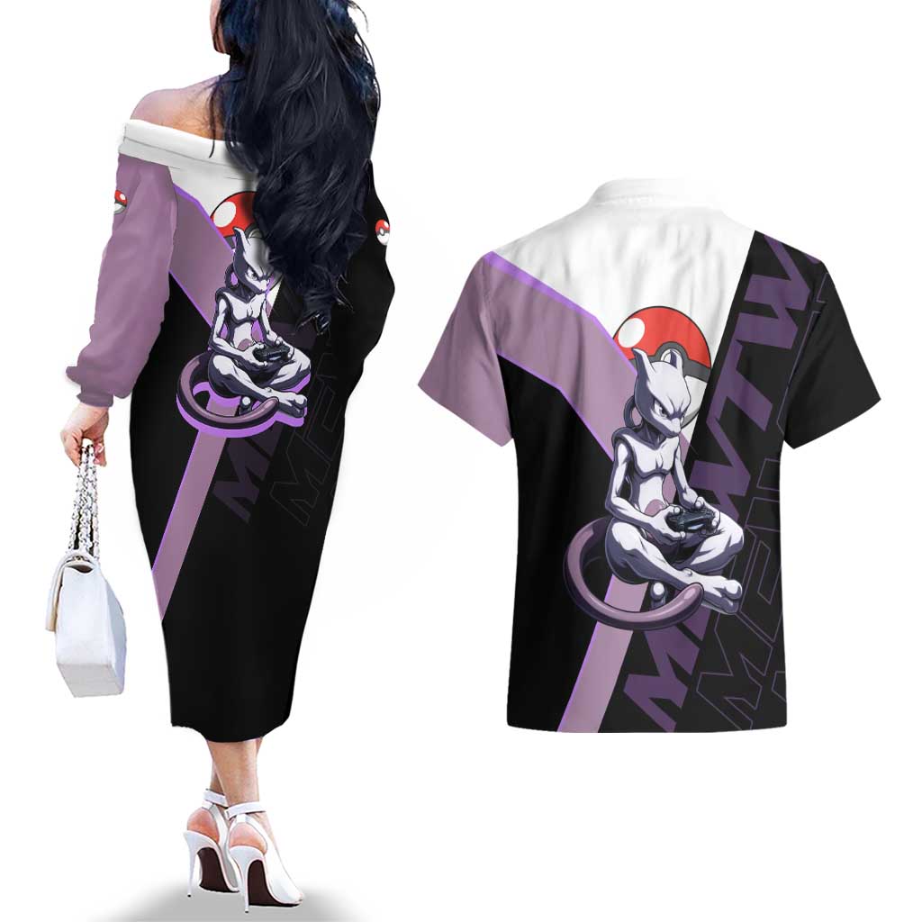 Mewtwo Poké Couples Matching Off The Shoulder Long Sleeve Dress and Hawaiian Shirt Shadowcore Anime Style
