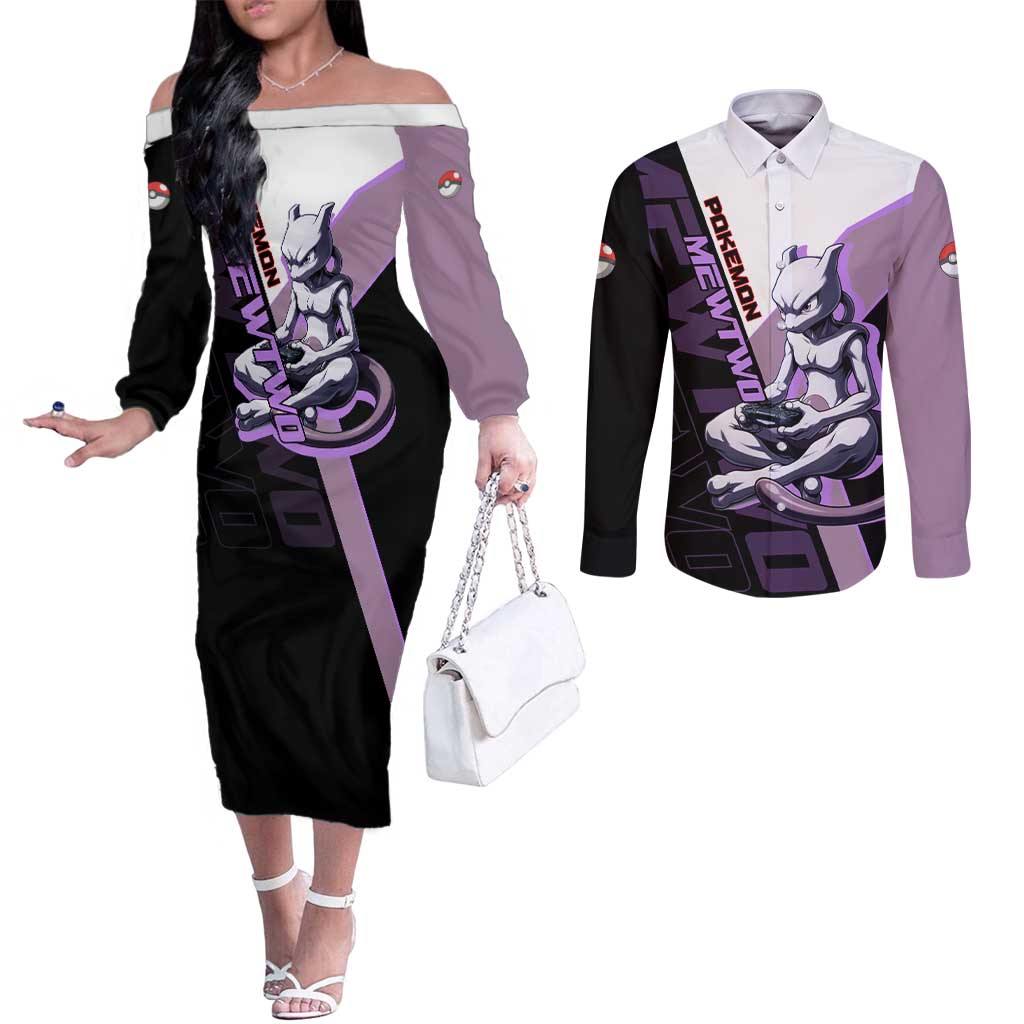 Mewtwo Poké Couples Matching Off The Shoulder Long Sleeve Dress and Long Sleeve Button Shirt Shadowcore Anime Style