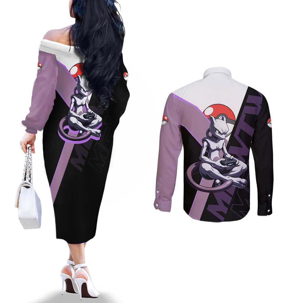 Mewtwo Poké Couples Matching Off The Shoulder Long Sleeve Dress and Long Sleeve Button Shirt Shadowcore Anime Style