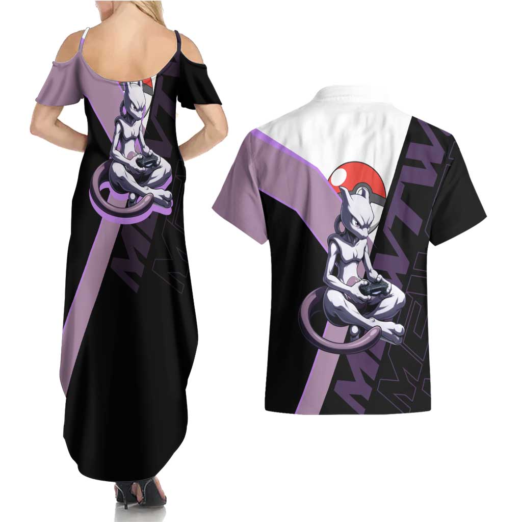 Mewtwo Poké Couples Matching Summer Maxi Dress and Hawaiian Shirt Shadowcore Anime Style