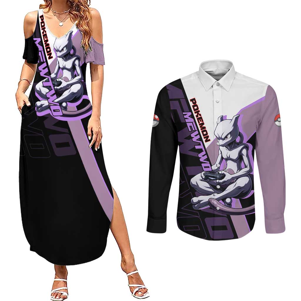 Mewtwo Poké Couples Matching Summer Maxi Dress and Long Sleeve Button Shirt Shadowcore Anime Style