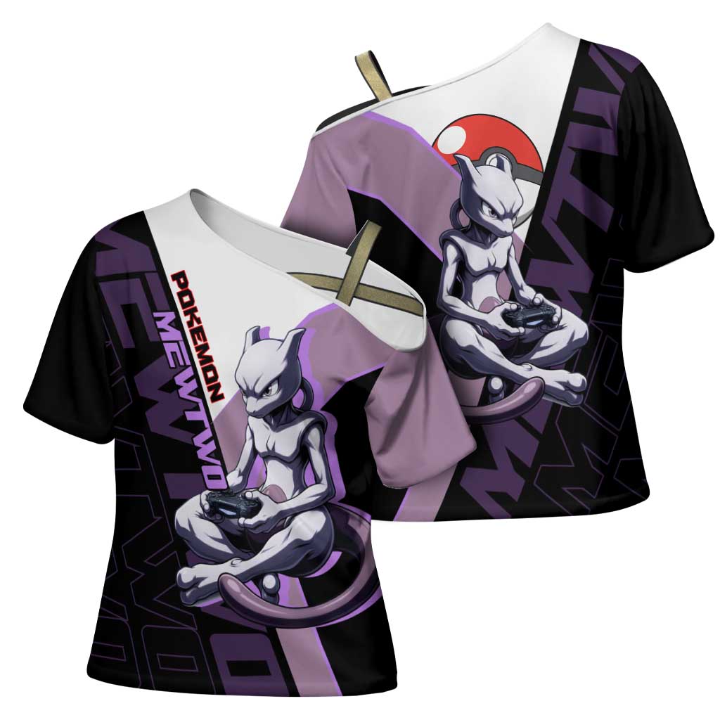 Mewtwo Poké Cross Shoulder Shirt Shadowcore Anime Style