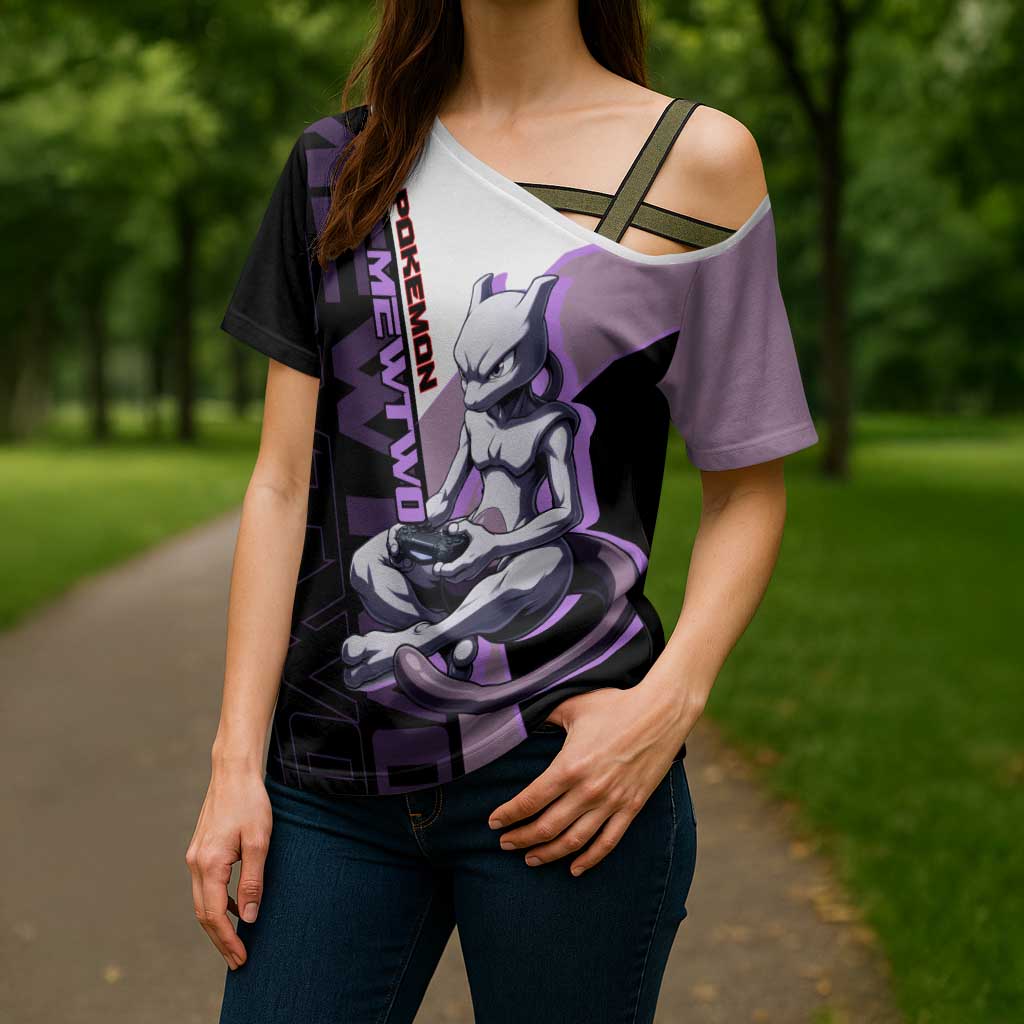 Mewtwo Poké Cross Shoulder Shirt Shadowcore Anime Style