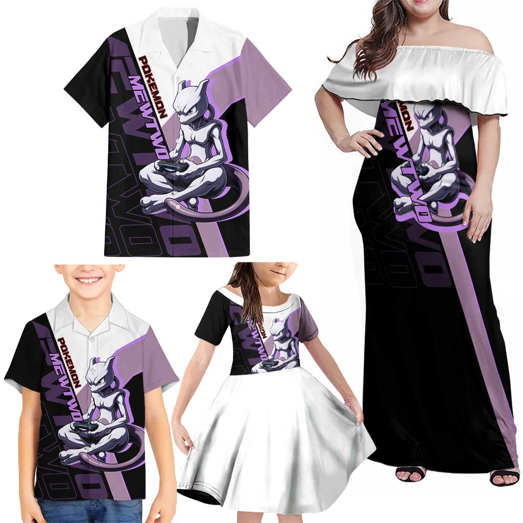 Mewtwo Poké Family Matching Off Shoulder Maxi Dress and Hawaiian Shirt Shadowcore Anime Style