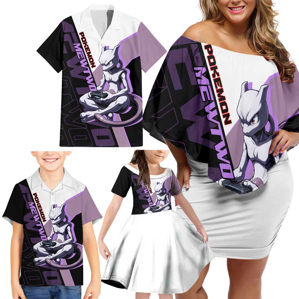 Mewtwo Poké Family Matching Off Shoulder Short Dress and Hawaiian Shirt Shadowcore Anime Style