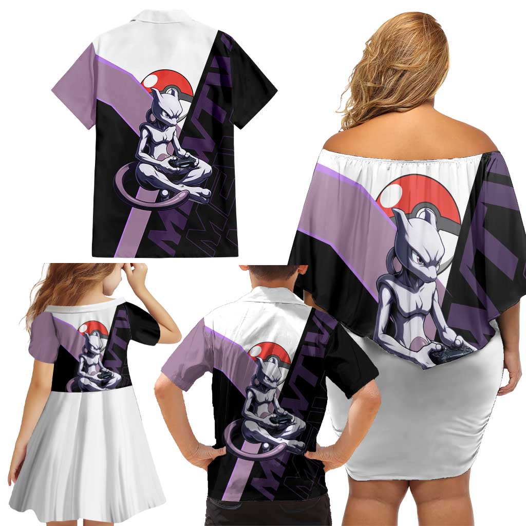 Mewtwo Poké Family Matching Off Shoulder Short Dress and Hawaiian Shirt Shadowcore Anime Style