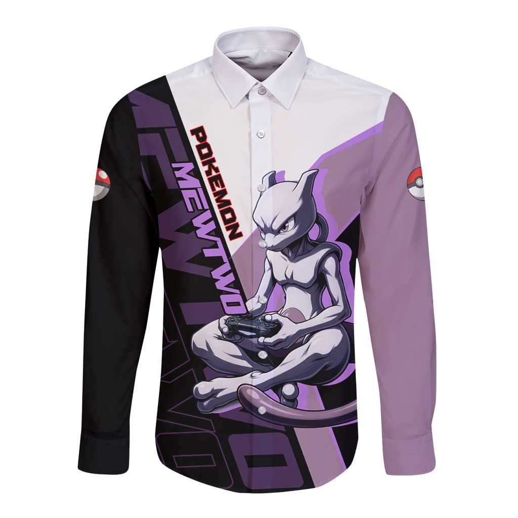 Mewtwo Poké Long Sleeve Button Shirt Shadowcore Anime Style