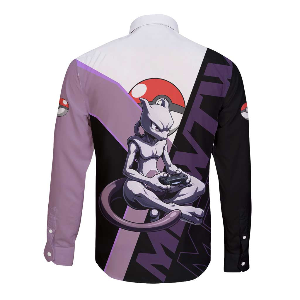 Mewtwo Poké Long Sleeve Button Shirt Shadowcore Anime Style