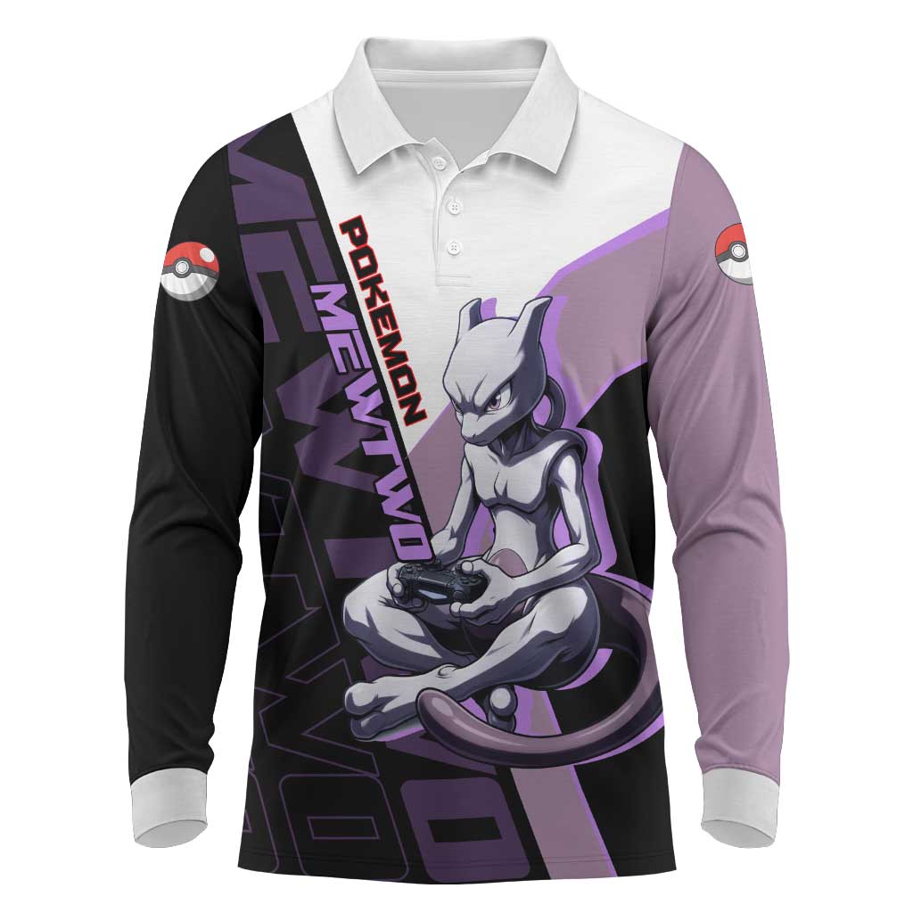 Mewtwo Poké Long Sleeve Polo Shirt Shadowcore Anime Style