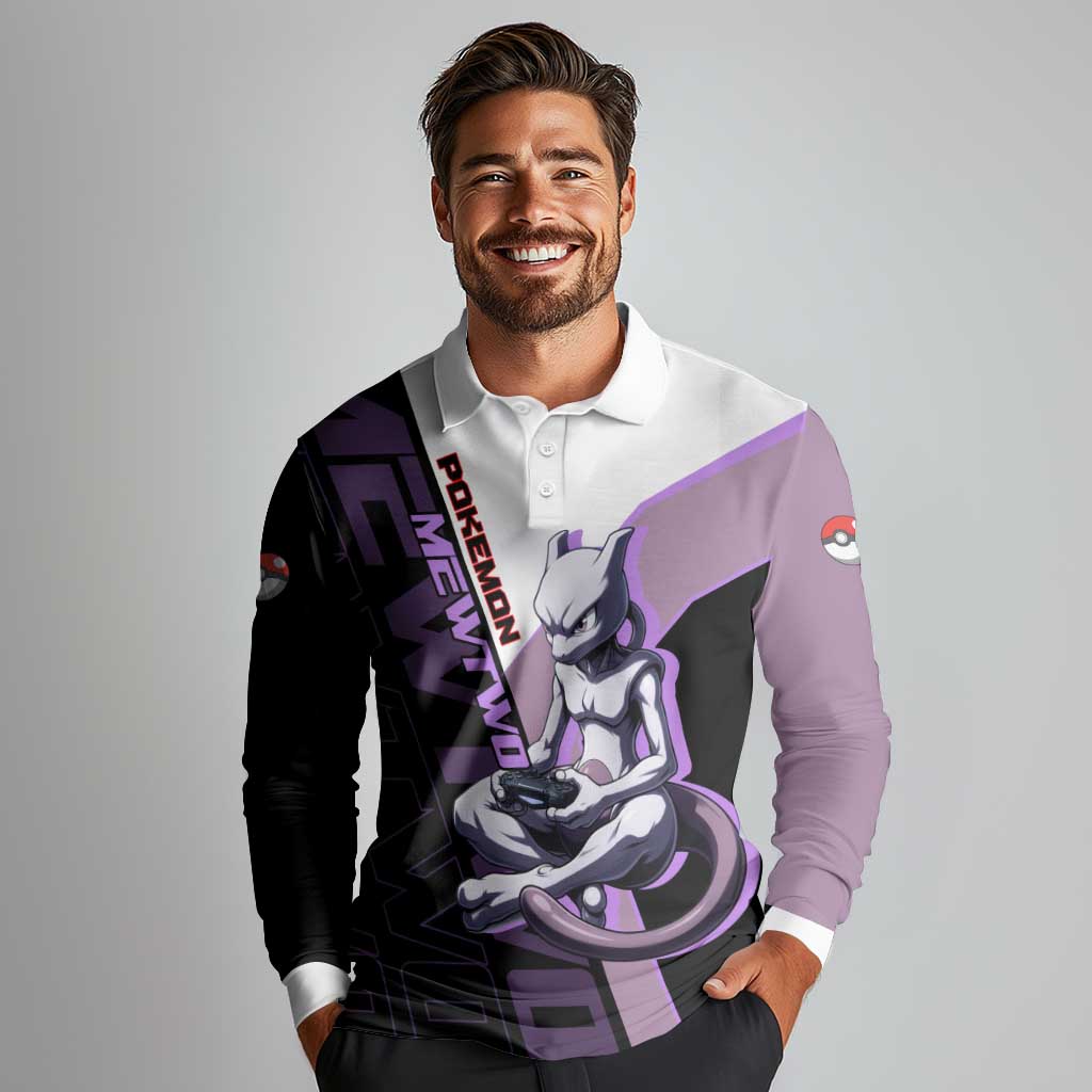 Mewtwo Poké Long Sleeve Polo Shirt Shadowcore Anime Style