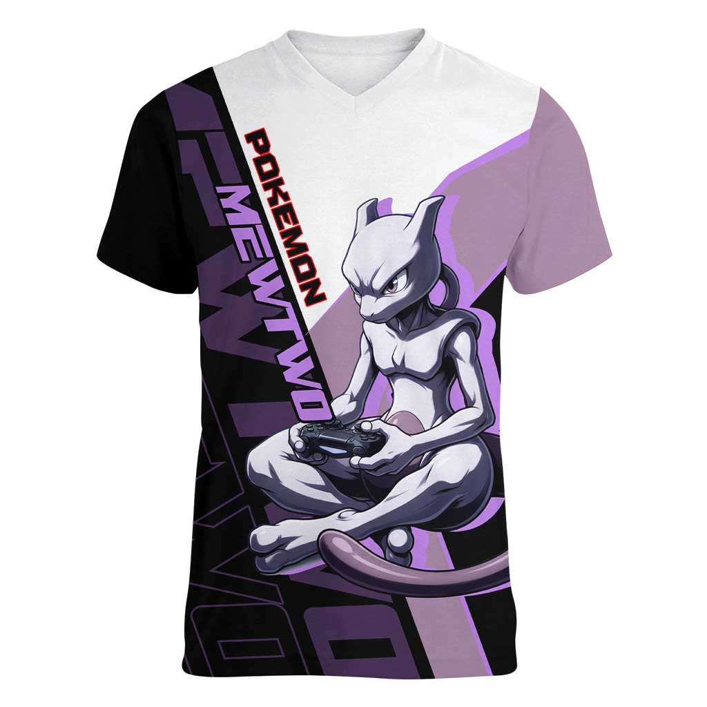Mewtwo Poké Women V-Neck T-Shirt Shadowcore Anime Style