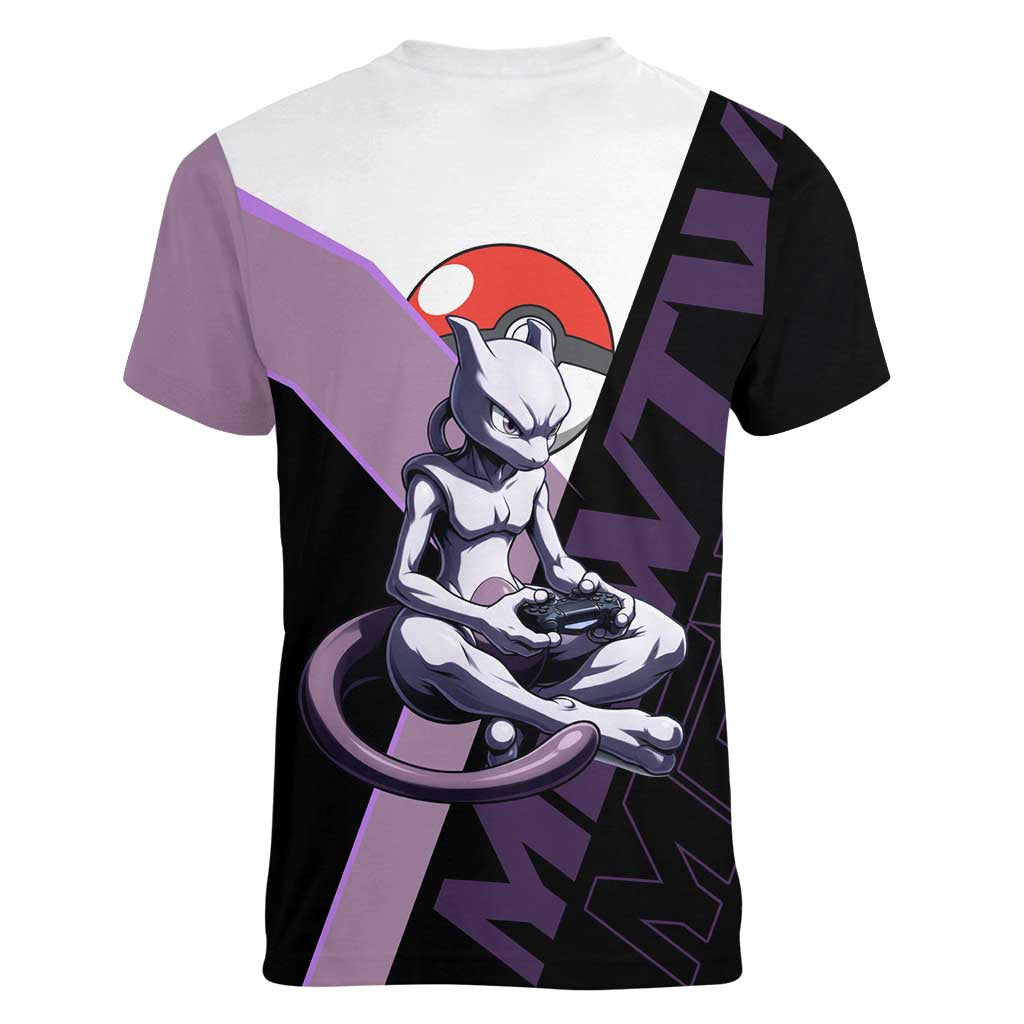 Mewtwo Poké Women V-Neck T-Shirt Shadowcore Anime Style