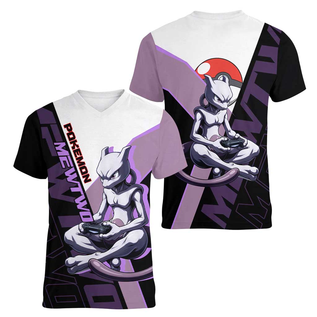 Mewtwo Poké Women V-Neck T-Shirt Shadowcore Anime Style