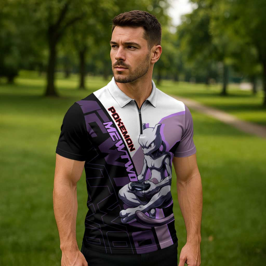 Mewtwo Poké Zipper Polo Shirt Shadowcore Anime Style
