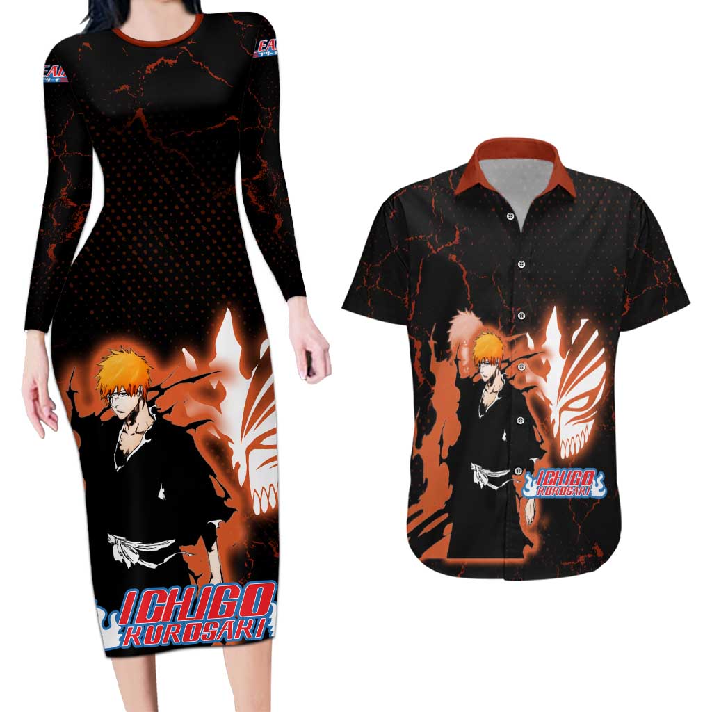 Ichigo Kurosaki Bleach Couples Matching Long Sleeve Bodycon Dress and Hawaiian Shirt Fiery Anime Grunge Aesthetic