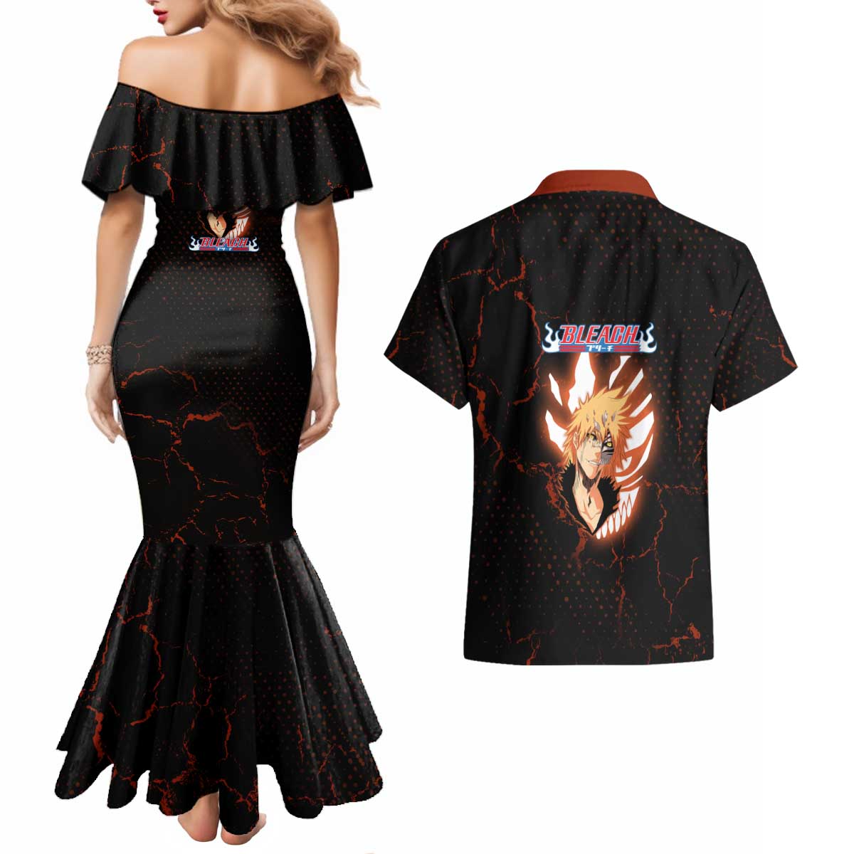 Ichigo Kurosaki Bleach Couples Matching Mermaid Dress and Hawaiian Shirt Fiery Anime Grunge Aesthetic
