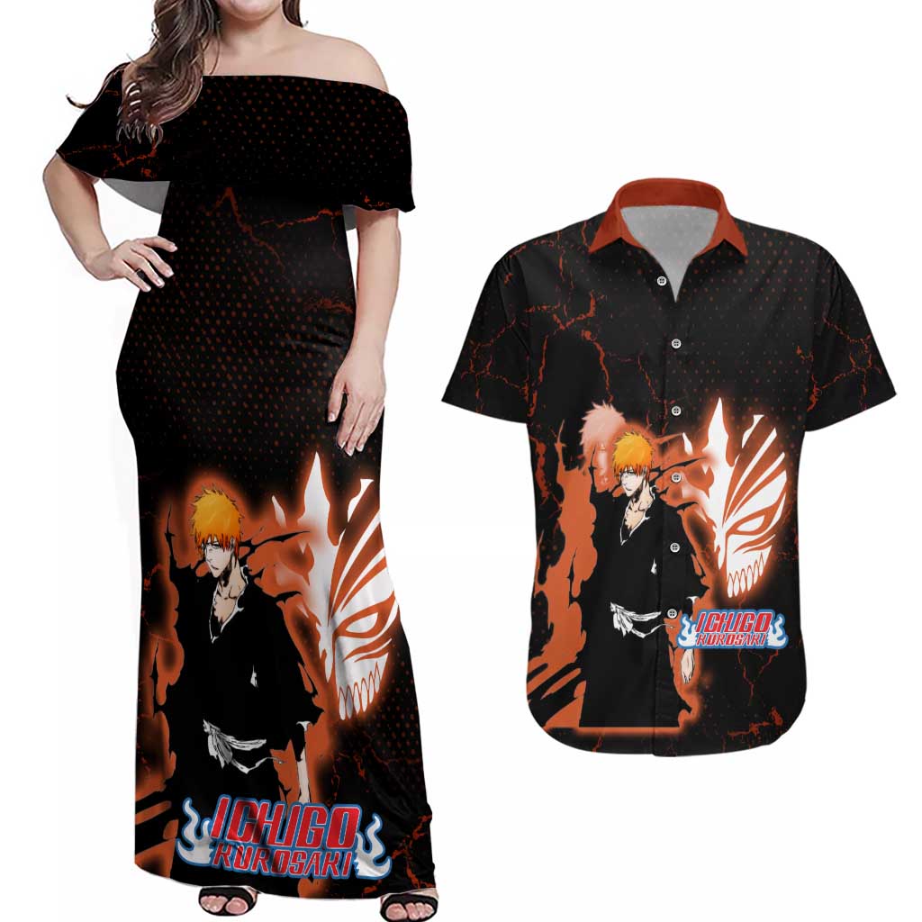 Ichigo Kurosaki Bleach Couples Matching Off Shoulder Maxi Dress and Hawaiian Shirt Fiery Anime Grunge Aesthetic