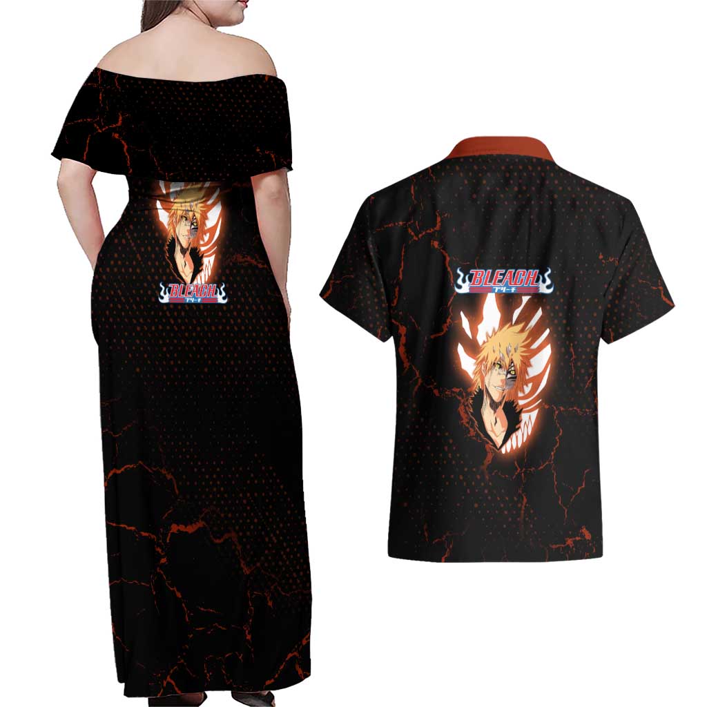 Ichigo Kurosaki Bleach Couples Matching Off Shoulder Maxi Dress and Hawaiian Shirt Fiery Anime Grunge Aesthetic