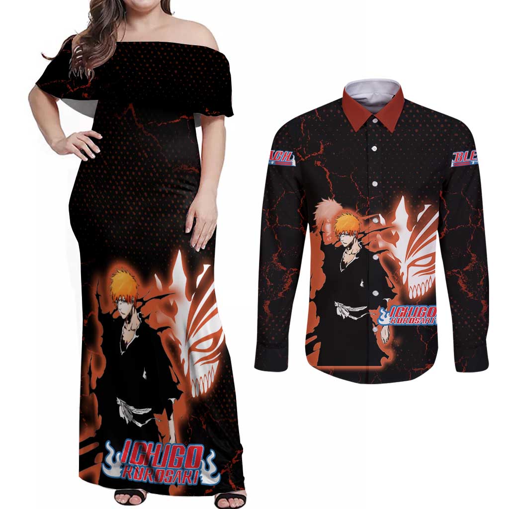 Ichigo Kurosaki Bleach Couples Matching Off Shoulder Maxi Dress and Long Sleeve Button Shirt Fiery Anime Grunge Aesthetic