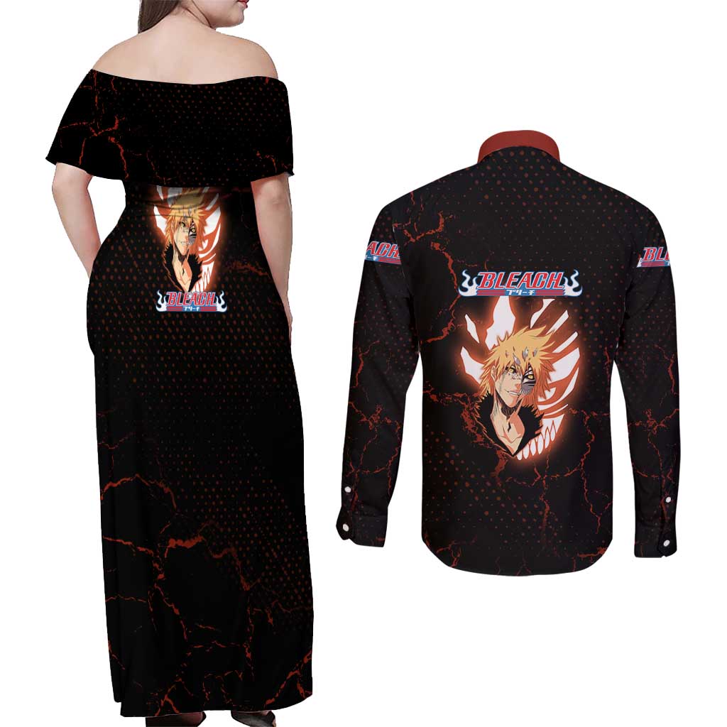 Ichigo Kurosaki Bleach Couples Matching Off Shoulder Maxi Dress and Long Sleeve Button Shirt Fiery Anime Grunge Aesthetic