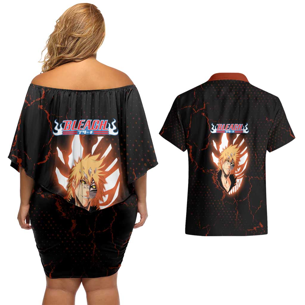 Ichigo Kurosaki Bleach Couples Matching Off Shoulder Short Dress and Hawaiian Shirt Fiery Anime Grunge Aesthetic