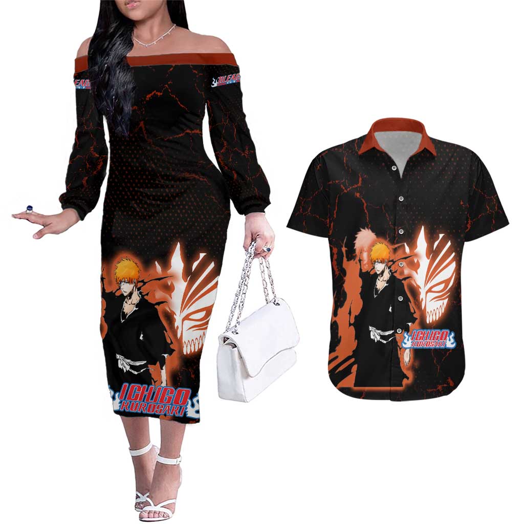 Ichigo Kurosaki Bleach Couples Matching Off The Shoulder Long Sleeve Dress and Hawaiian Shirt Fiery Anime Grunge Aesthetic