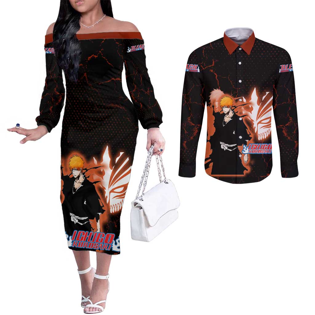 Ichigo Kurosaki Bleach Couples Matching Off The Shoulder Long Sleeve Dress and Long Sleeve Button Shirt Fiery Anime Grunge Aesthetic