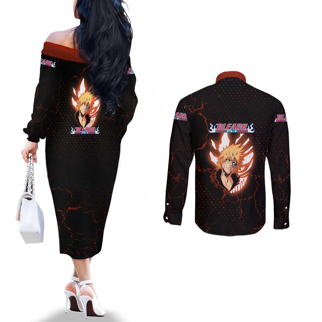 Ichigo Kurosaki Bleach Couples Matching Off The Shoulder Long Sleeve Dress and Long Sleeve Button Shirt Fiery Anime Grunge Aesthetic