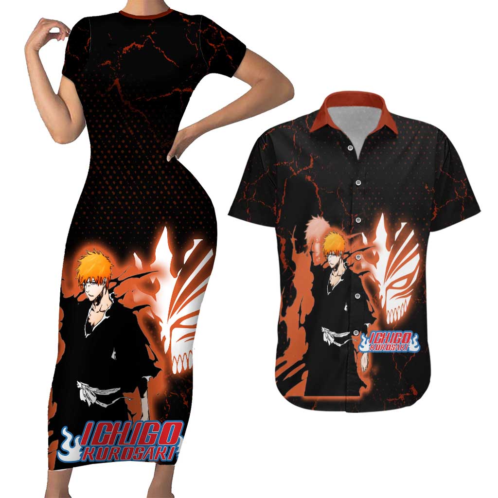 Ichigo Kurosaki Bleach Couples Matching Short Sleeve Bodycon Dress and Hawaiian Shirt Fiery Anime Grunge Aesthetic