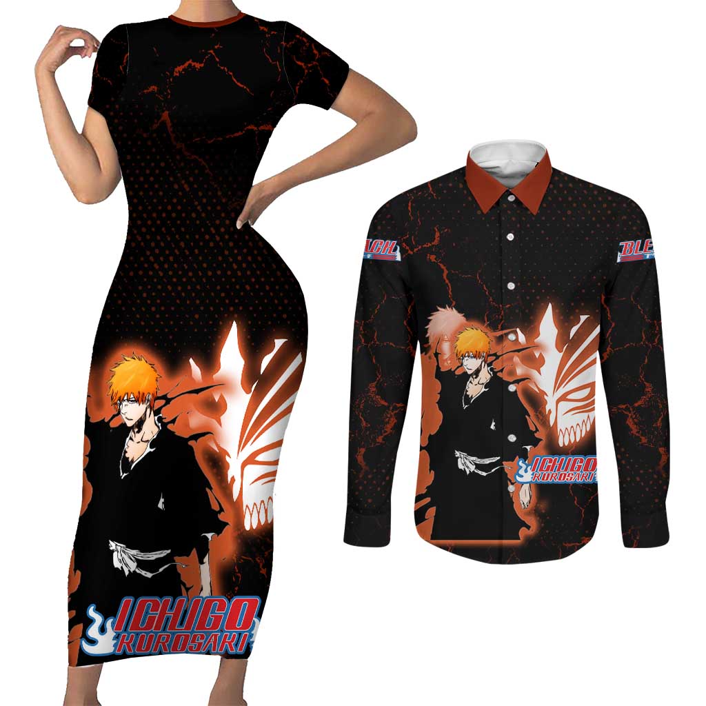 Ichigo Kurosaki Bleach Couples Matching Short Sleeve Bodycon Dress and Long Sleeve Button Shirt Fiery Anime Grunge Aesthetic