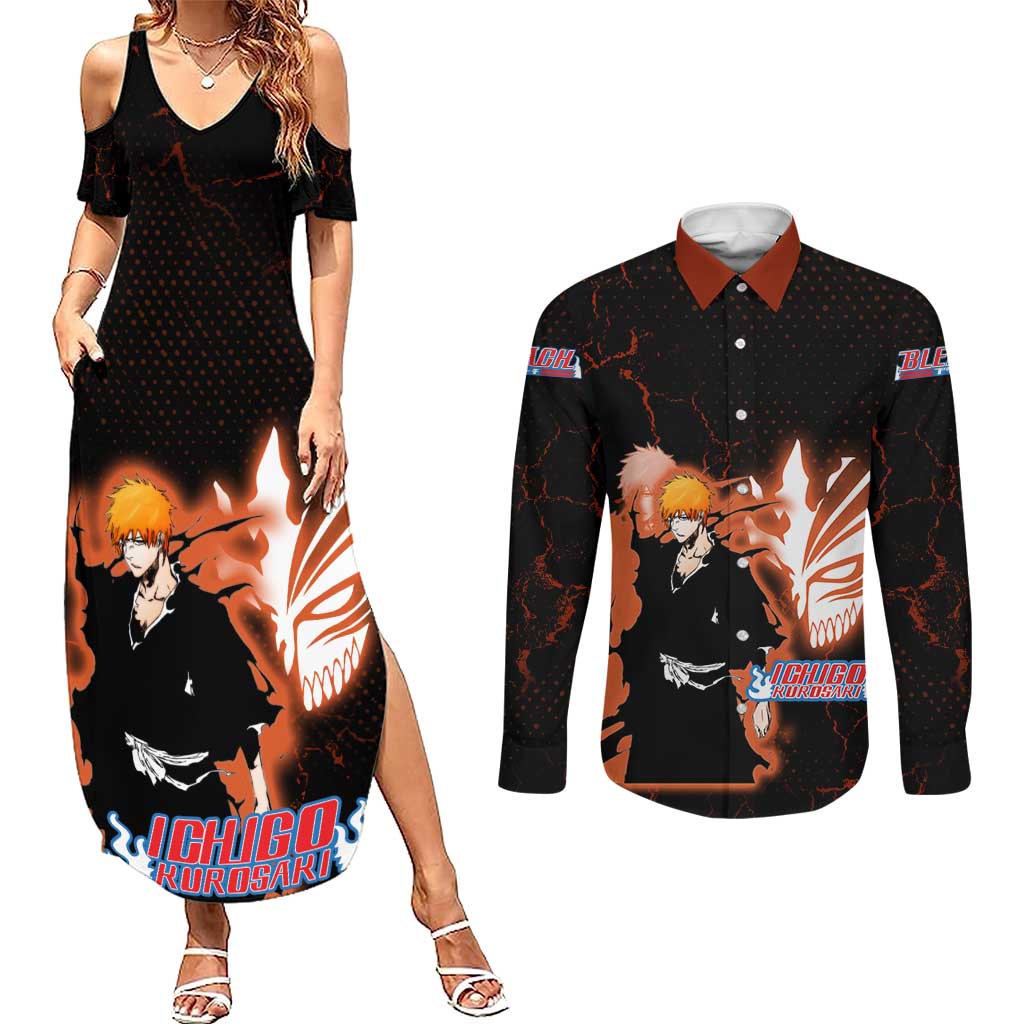 Ichigo Kurosaki Bleach Couples Matching Summer Maxi Dress and Long Sleeve Button Shirt Fiery Anime Grunge Aesthetic