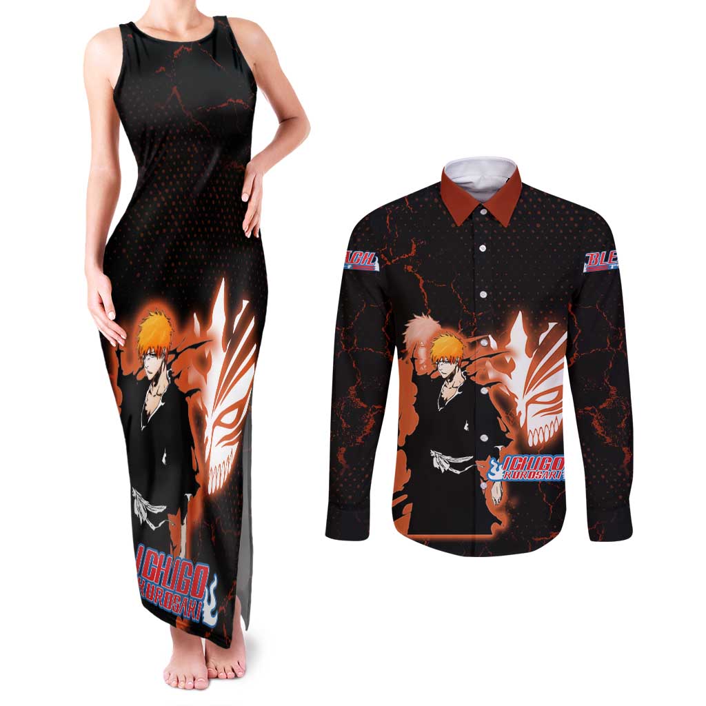 Ichigo Kurosaki Bleach Couples Matching Tank Maxi Dress and Long Sleeve Button Shirt Fiery Anime Grunge Aesthetic