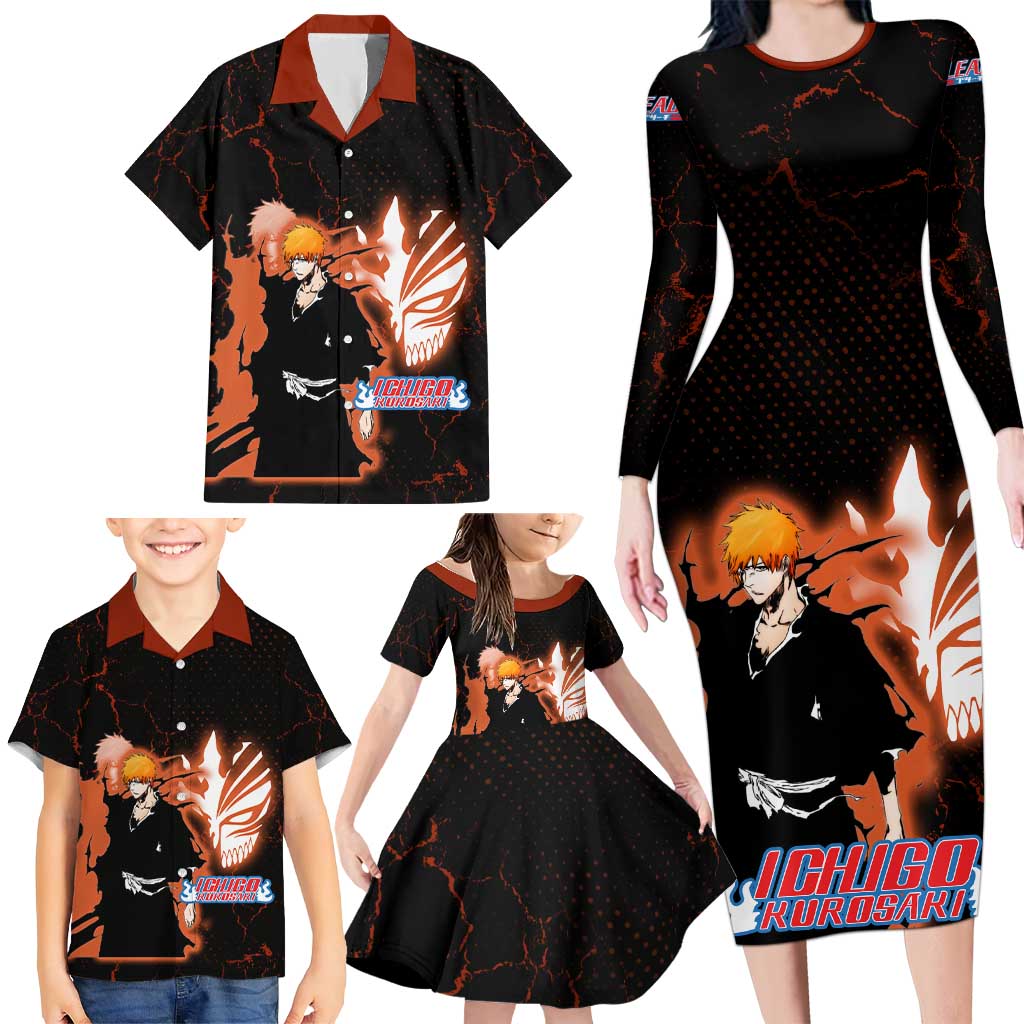 Ichigo Kurosaki Bleach Family Matching Long Sleeve Bodycon Dress and Hawaiian Shirt Fiery Anime Grunge Aesthetic