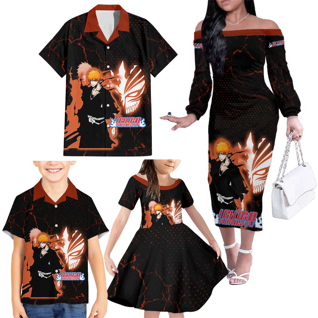 Ichigo Kurosaki Bleach Family Matching Off The Shoulder Long Sleeve Dress and Hawaiian Shirt Fiery Anime Grunge Aesthetic