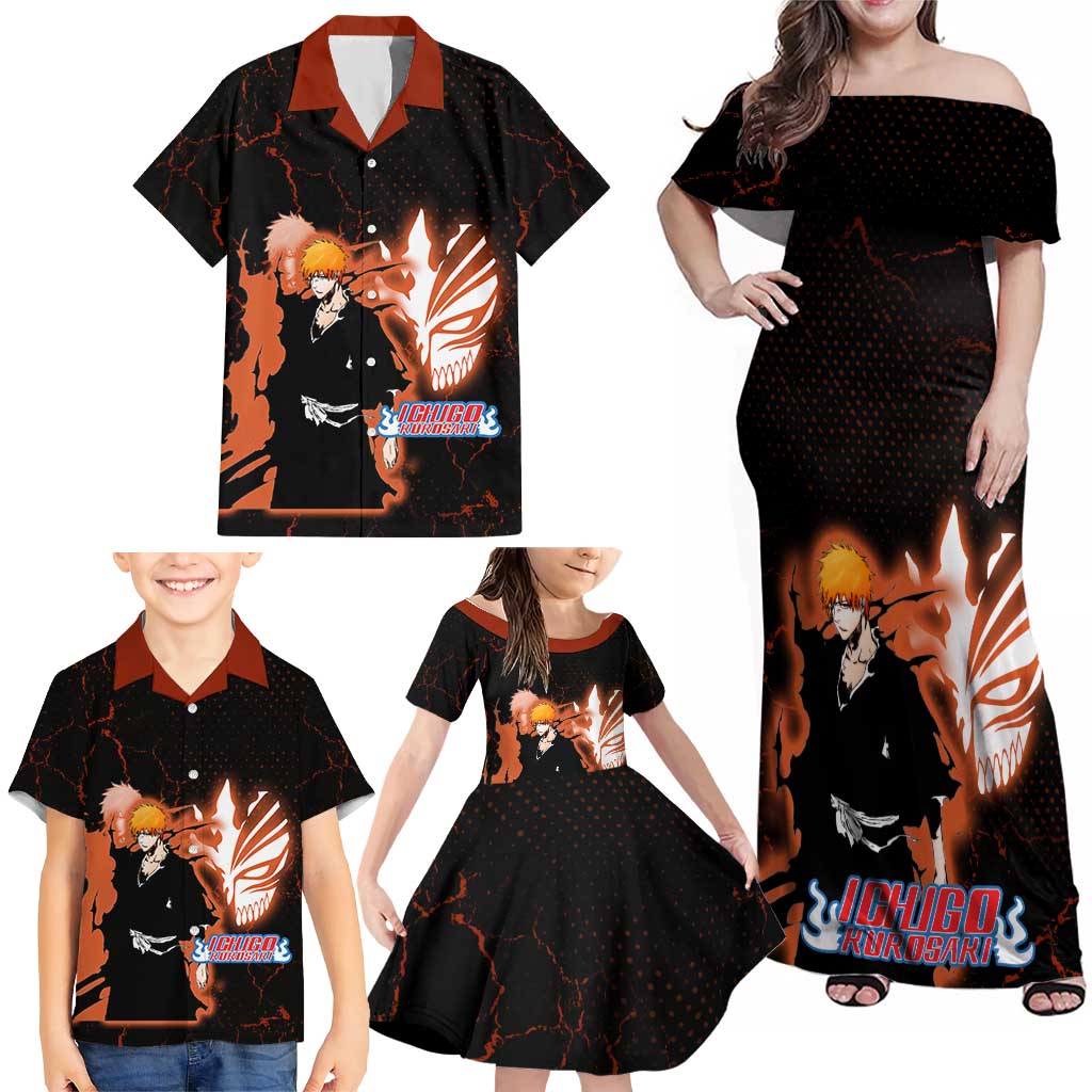 Ichigo Kurosaki Bleach Family Matching Off Shoulder Maxi Dress and Hawaiian Shirt Fiery Anime Grunge Aesthetic