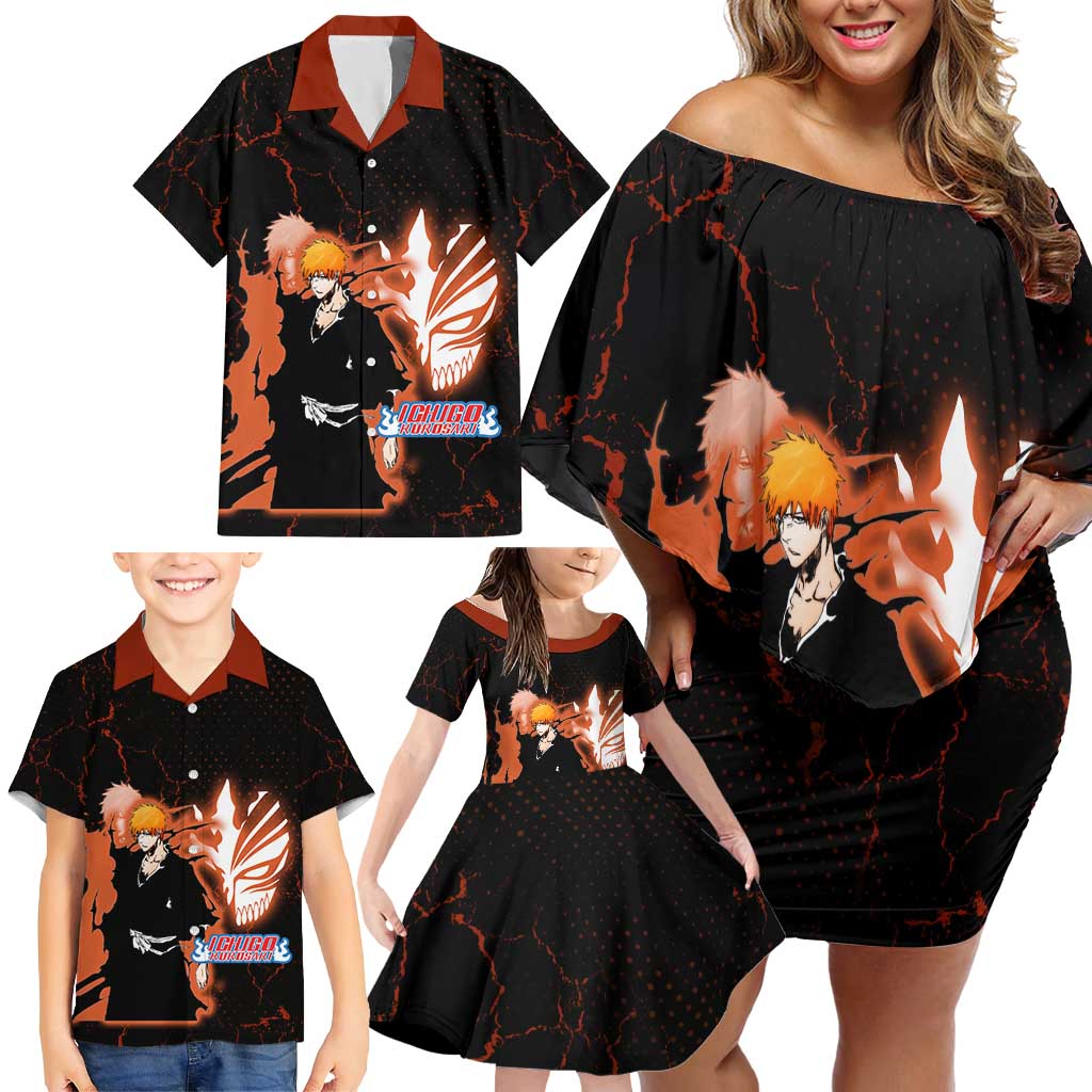 Ichigo Kurosaki Bleach Family Matching Off Shoulder Short Dress and Hawaiian Shirt Fiery Anime Grunge Aesthetic
