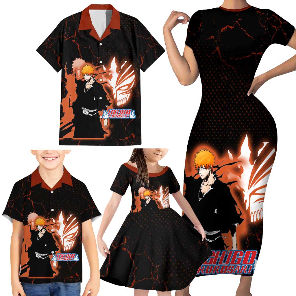 Ichigo Kurosaki Bleach Family Matching Short Sleeve Bodycon Dress and Hawaiian Shirt Fiery Anime Grunge Aesthetic
