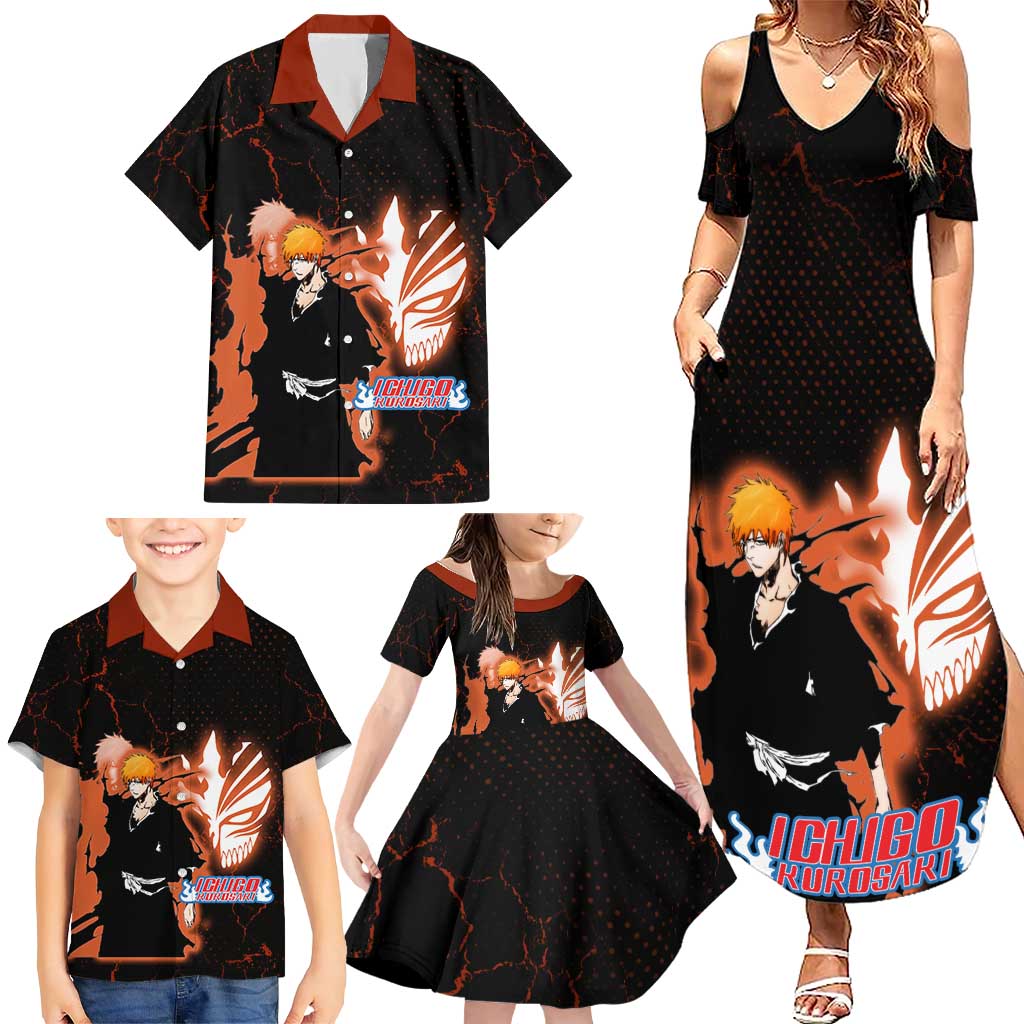 Ichigo Kurosaki Bleach Family Matching Summer Maxi Dress and Hawaiian Shirt Fiery Anime Grunge Aesthetic