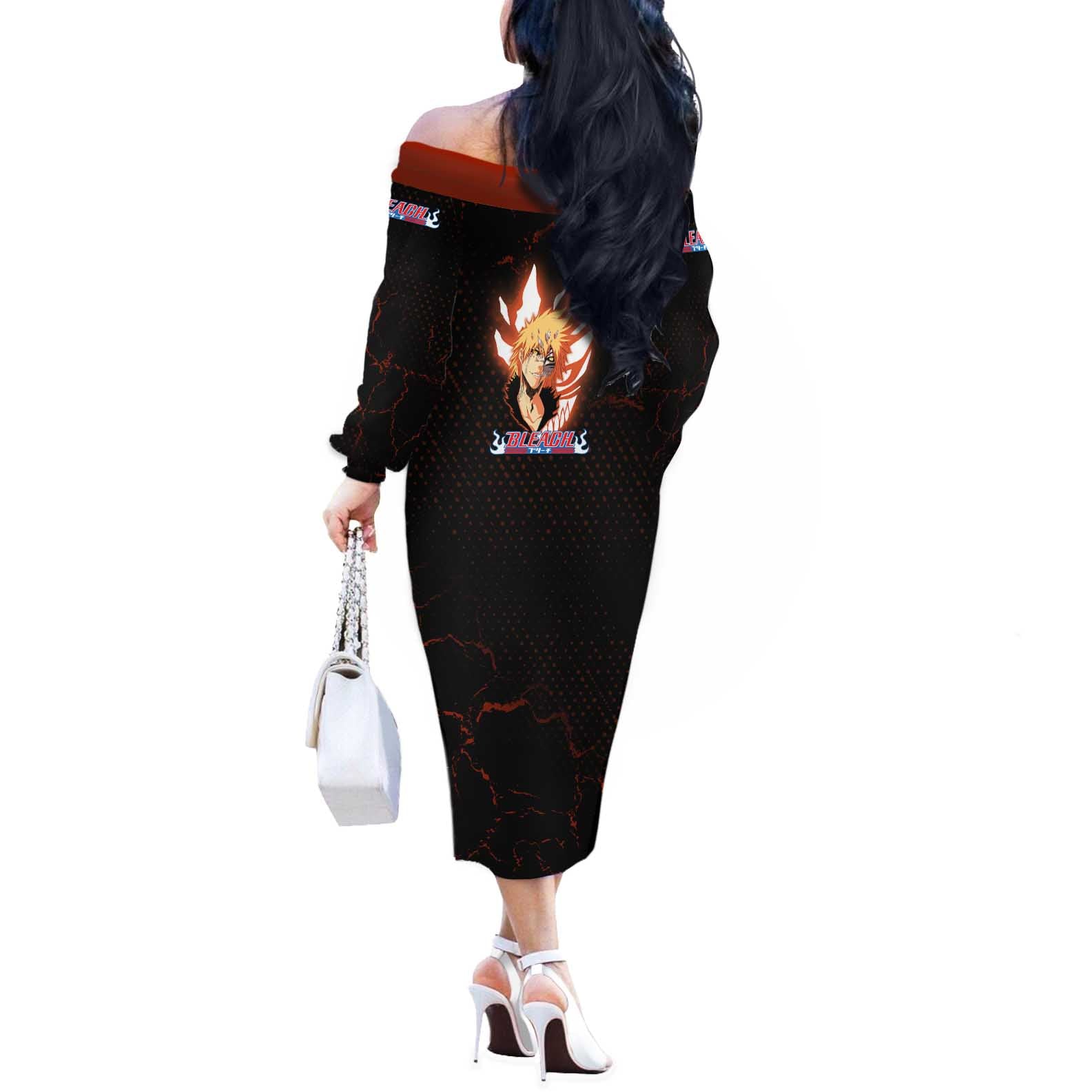 Ichigo Kurosaki Bleach Off The Shoulder Long Sleeve Dress Fiery Anime Grunge Aesthetic