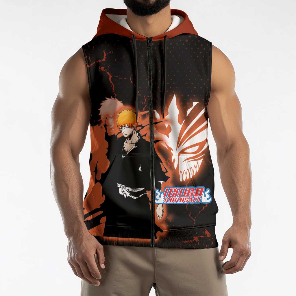 Ichigo Kurosaki Bleach Sleeveless Zip Hoodie Fiery Anime Grunge Aesthetic