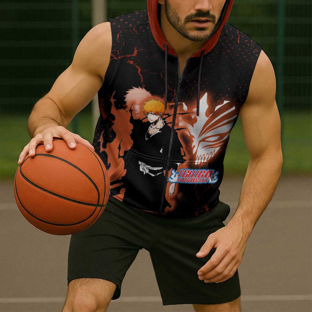 Ichigo Kurosaki Bleach Sleeveless Zip Hoodie Fiery Anime Grunge Aesthetic