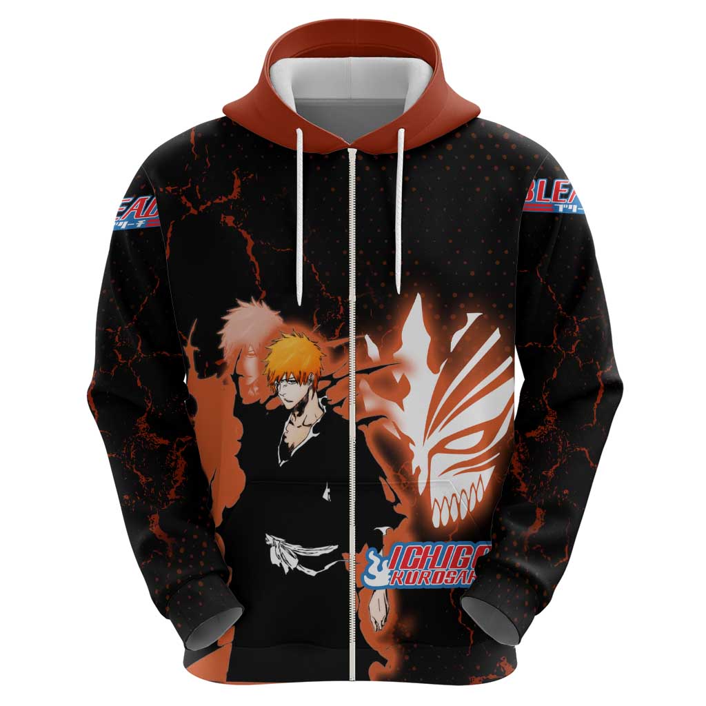 Ichigo Kurosaki Bleach Zip Hoodie Fiery Anime Grunge Aesthetic