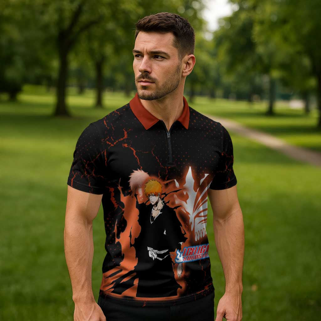 Ichigo Kurosaki Bleach Zipper Polo Shirt Fiery Anime Grunge Aesthetic