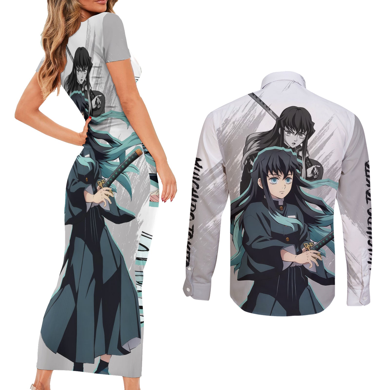 Muichiro Tokito Couples Matching Short Sleeve Bodycon Dress and Long Sleeve Button Shirt Demon Slayer