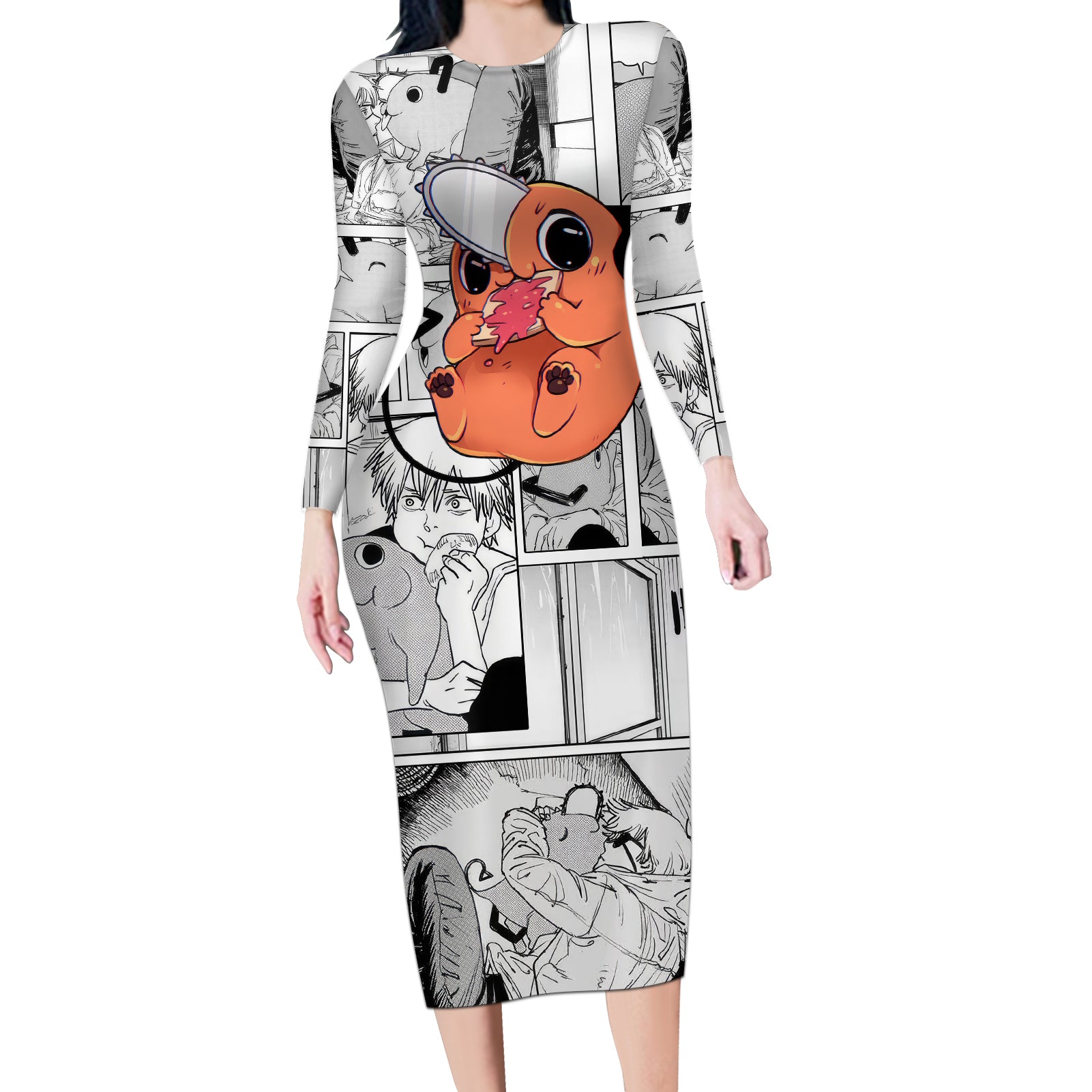 Pochita Long Sleeve Bodycon Dress Mixed Manga