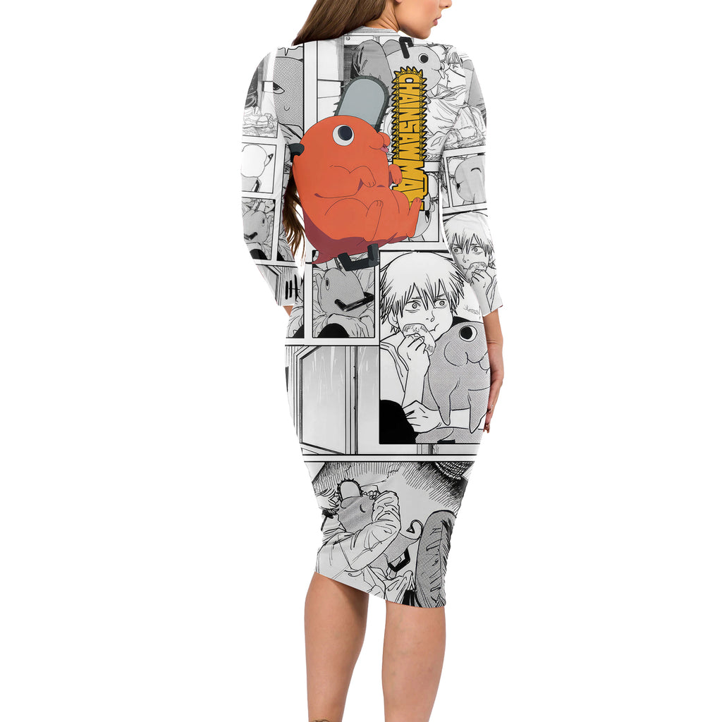 Pochita Long Sleeve Bodycon Dress Mixed Manga