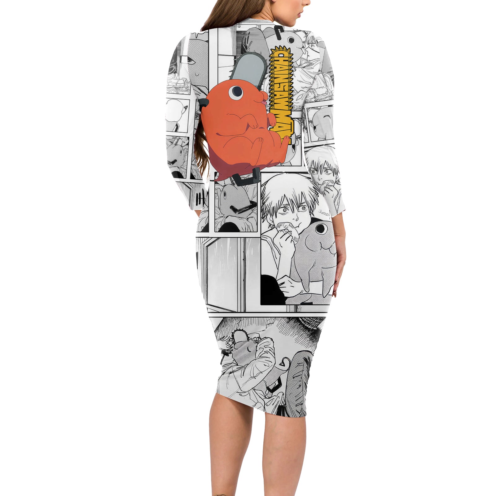 Pochita Long Sleeve Bodycon Dress Mixed Manga